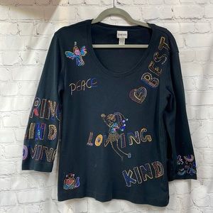 Chicos size 2 large embroidered beaded kind sayings cotton shirt
